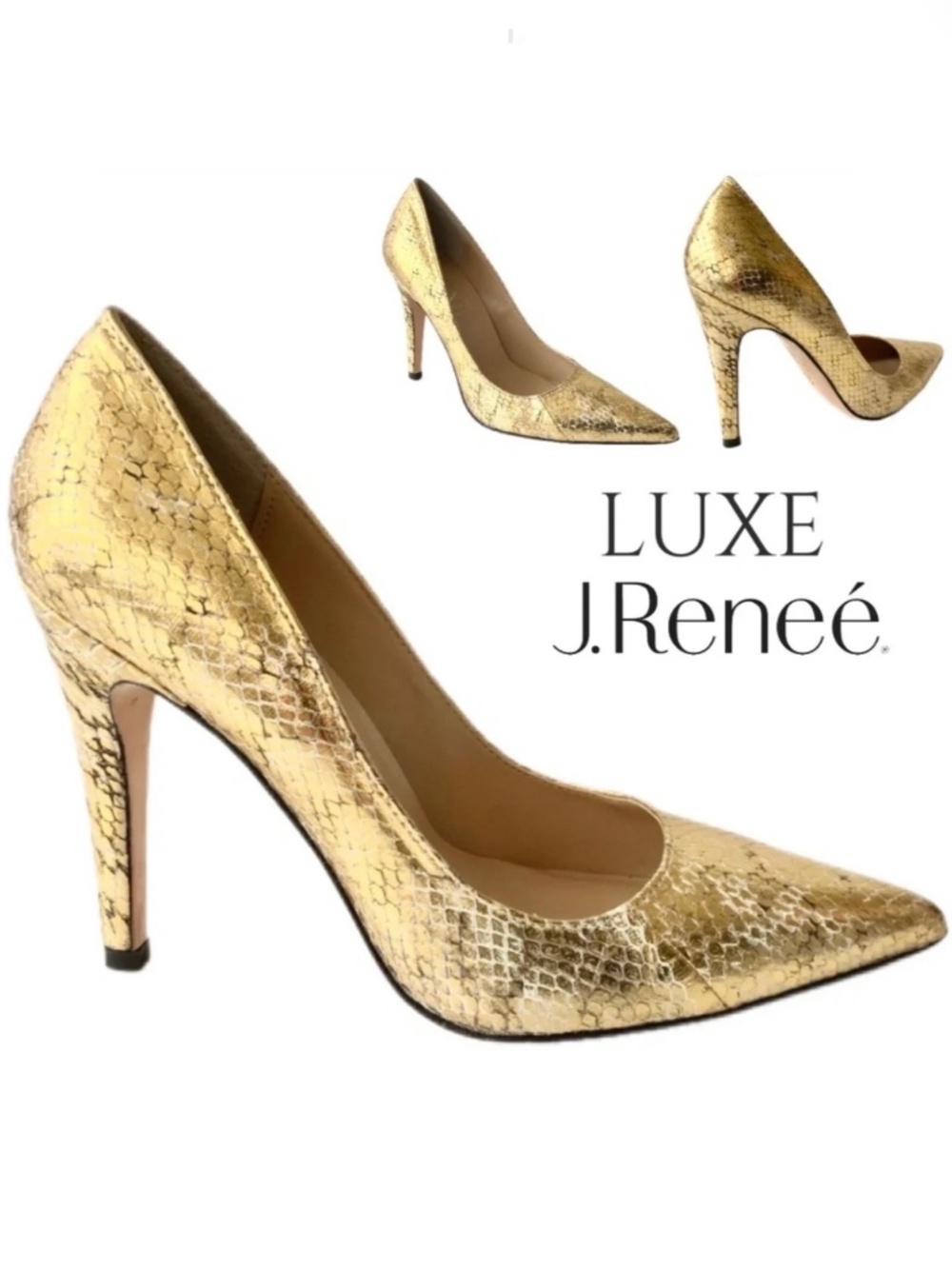 LUXE J.RENEE Gold Leather Stiletto Heel Pointed Toe Snake Embossed Pumps Shoes 7